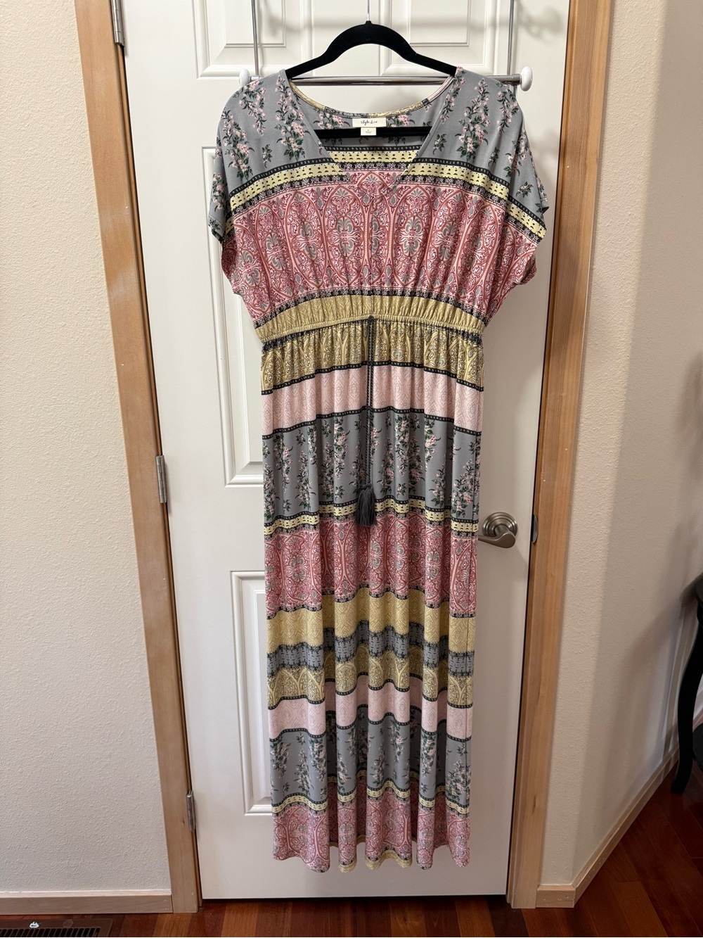 Style & Co. Printed Boho Maxi Dress in Pink, Gray, and Gold